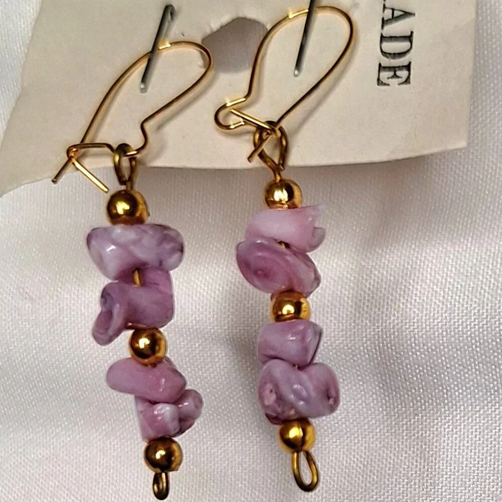 Hand Carved Amethyst Earrings Rose Floral Gold‎ Tone Accents Boho Fairy Coquette